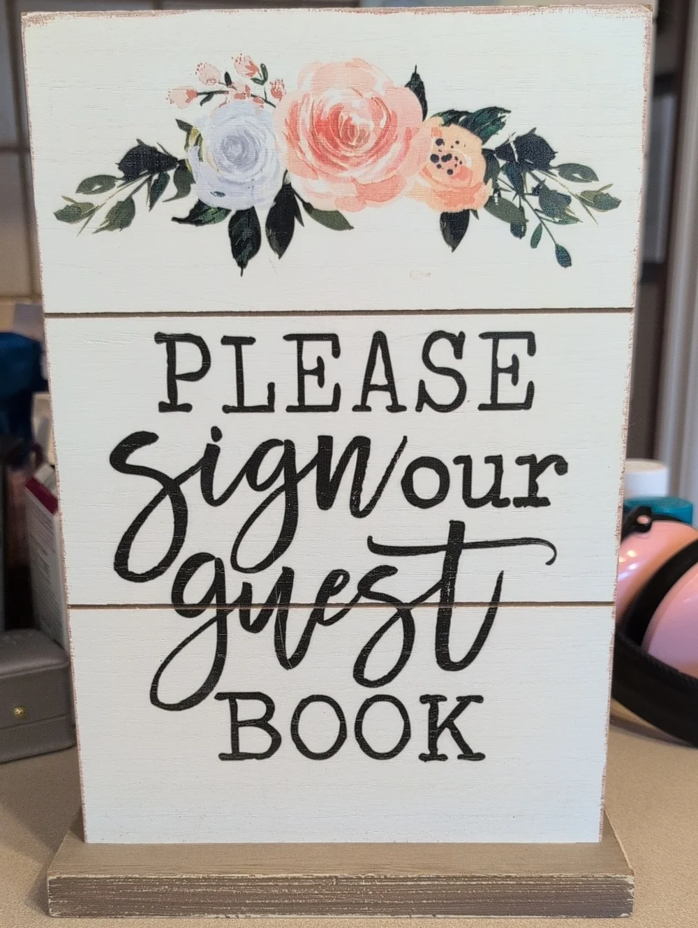 Please Sign Our Guest Book Decorative Sign - White with Floral Accent